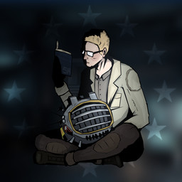 abstract_background ambiguous_gender antennae_(anatomy) blonde_hair book boots clothed clothing coat collared_shirt dress_shirt duo enclave_(fallout) eyewear followers_of_the_apocalypse_(fallout) footwear glasses hair heart_symbol holding_book holding_object lab_coat machine male metal metallic_body new_vegas not_furry reading reading_book satellite_dish shadow shirt shoes simple_background sitting sitting_on_another star topwear shoot_(sh) fallout microsoft arcade_gannon ed-e_(fallout) eyebot_(fallout) human mammal robot 1:1 hi_res