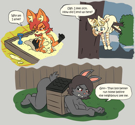 all_fours angry anthro barefoot black_body black_fur black_hair black_nose blonde_eyebrows blonde_hair blue_eyes blush blush_lines branch breasts brown_body brown_fur brown_stripes brown_tail_tip buried buried_in_sand butt clenched_teeth cloud confusion convenient_censorship crotch_lines dialogue dipstick_tail doghouse embarrassed eyebrows feet female fence fur grass grey_body grey_fur grey_tail group hair ill inner_ear_fluff markings navel nude orange_body orange_eyes orange_fur orange_tail partially_buried pink_nose plant rabbit_ears raised_tail red_eyebrows red_eyes red_hair sand sand_shovel sandbox scut_tail short_tail shovel speech_bubble striped_markings striped_tail stripes tail tail_markings tan_body tan_fur tan_tail teeth text tongue tongue_out tools tree trio tuft young young_anthro young_female bisonvega cat_girl_(bisonvega) fox_girl_(bisonvega) mom_bunny_(bisonvega) canid canine domestic_cat felid feline felis fox lagomorph leporid mammal rabbit 2026 comic english_text hi_res