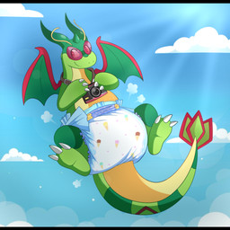 3_fingers 3_toes ambiguous_gender antennae_(anatomy) anthro arms_bent big_diaper camera claws clean_diaper clothed clothing cloud diaper diaper_only feet fingers floating green_body green_tail green_wings holding_camera holding_object horn lens_flare looking_back multicolored_body multicolored_tail outside sky skyscape small_horn smile solo tail toes topless wearing_diaper wings yellow_body yellow_tail jupiters nintendo pokemon fan_character vincent_(mitchell45) dragonite flygon generation_1_pokemon generation_3_pokemon hybrid hybrid_pokemon pokemon_(species) 1:1 full-length_portrait hi_res letterbox portrait male_(lore)
