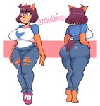 anthro back_boob big_breasts big_butt blue_clothing blue_shirt blue_topwear bottomwear breasts brown_hair brown_tail butt circle_eyebrows clothing countershading eyebrows female footwear front_and_back front_view fur hair heart_symbol mouth_closed orange_body orange_ears orange_face orange_fur pants pink_clothing pink_footwear purple_eyes raglan_shirt rear_view shirt short_hair simple_background small_waist solo tail tiptoes topwear torn_bottomwear torn_clothing torn_pants two_tone_face white_clothing white_shirt white_topwear monkelad jackie_(psanxs) domestic_cat felid feline felis mammal 2021 digital_drawing_(artwork) digital_media_(artwork) full-length_portrait hi_res model_sheet portrait