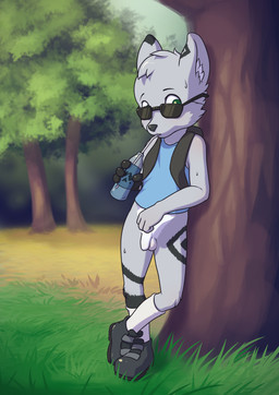 anthro backpack balls beverage biped black_markings black_nose bottle bottomless bottomless_male cheek_tuft clothed clothing container day eyebrows eyewear facial_tuft flaccid footwear foreskin genitals grass grey_body head_tuft holding_beverage holding_bottle holding_container holding_object humanoid_genitalia humanoid_penis inner_ear_fluff looking_at_viewer male markings outside penis plant shirt socks solo sunglasses tank_top topwear tree tuft young young_anthro young_male minum league_of_legends riot_games tencent marcel_(dreadnoughty96) yordle 2024 absurd_res hi_res