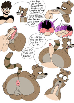 anthro anus black_eyes black_nose blush brown_body brown_fur brown_hair brown_stripes brown_tail butt butt_scar comedic dialogue fellatio fingers frottage fur genitals grey_body grey_fur hair holding_penis hot_dogging humanoid_genitalia humanoid_penis internal internal_fellatio internal_oral light long_tail male male/male markings masturbation multicolored_body multicolored_fur nude_anthro nude_male open_mouth open_smile oral penile penis penis_on_stomach penis_on_tongue penises_touching pink_tongue pupils scar sex short_hair shy simple_background smile spread_butt spreading striped_markings striped_tail stripes tail tail_markings teeth text tongue two_tone_tail uvula white_pupils anonymous_artist cartoon_network regular_show cip rigby_(regular_show) animal_humanoid human humanoid mammal mammal_humanoid procyonid procyonid_humanoid raccoon raccoon_humanoid english_text hi_res