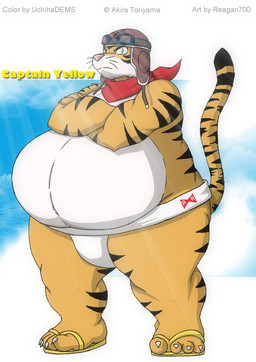 anthro asian_clothing aviator_cap belly big_belly black_nose clothing crossed_arms east_asian_clothing eyewear footwear fur goggles green_eyes headgear headwear huge_belly japanese_clothing male mawashi musclegut muscular orange_body orange_fur overweight overweight_male sandals scarf shoes solo striped_body striped_fur stripes sumo sumo_wrestler whiskers white_clothing reagan700 uchihadems dragon_ball captain_yellow felid mammal pantherine tiger colored hi_res