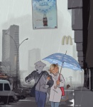 anthro atmospheric city city_background cityscape clothed clothing commie_block detailed_background duo female frown fur grey_body grey_fur hailing holding_object holding_umbrella humor impressionist_background interspecies male modern_architecture moscow open_mouth open_smile orange_body orange_fur outside product_placement raining russia russian smile street tail text umbrella unimpressed wet miles_df coca-cola mcdonald's canid canine canis felid mammal wolf 2009 russian_text translated