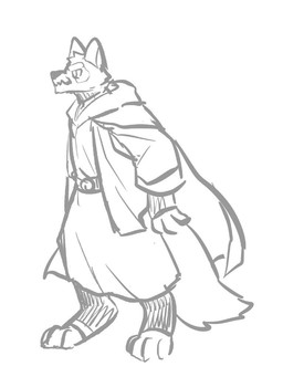 anthro belt clothed clothing head_tuft male mouth_closed narrowed_eyes robe side_view simple_background solo standing tuft unsigned asnnonaka canid mammal 3:4 digital_media_(artwork) full-length_portrait monochrome portrait sketch