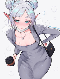 accessory bent_over blush blush_lines bodily_fluids bracelet breasts cleavage clothed clothing container cup disposable_cup double_bun dress ear_piercing emanata excessive_sweat female grey_clothing grey_dress grey_jacket grey_topwear hair hair_accessory hair_bun hairclip hand_on_hip handbag holding_container holding_cup holding_object humanoid_pointy_ears jacket jewelry looking_at_viewer mask navel_outline necklace not_furry open_clothing open_jacket open_mouth open_topwear piercing pointy_ears simple_background solo sweat sweaty_body sweaty_skin teal_eyes text tight_clothing tight_dress topwear white_background white_hair wide_hips qiandaiyiyu frieren_beyond_journey's_end frieren elf humanoid absurd_res digital_drawing_(artwork) digital_media_(artwork) hi_res url