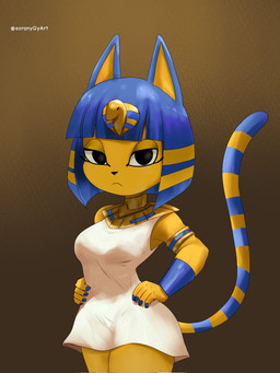anthro clothed clothing dress female fur hair looking_at_viewer simple_background solo standing tail soranygyart animal_crossing nintendo ankha_(animal_crossing) ankha_(idolomantises) domestic_cat felid feline felis mammal 3:4 digital_media_(artwork) hi_res