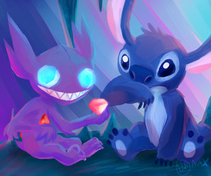 3_toes 4_fingers 4_toes blue_body blue_claws blue_eyes blue_fur blue_nose blue_pawpads claws duo feet fingers fur gem gem_eyes grin head_tuft pawpads purple_body sharp_teeth short_tail sitting smile tail teeth toes tuft anarchotak disney lilo_and_stitch nintendo pokemon stitch_(lilo_and_stitch) alien experiment_(lilo_and_stitch) generation_3_pokemon pokemon_(species) sableye 2015 6:5 crossover signature