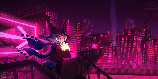 ambiguous_gender anthro catwalk clothing fur holding_object looking_at_viewer looking_back looking_back_at_viewer purple_background purple_body purple_scarf red_clothing red_eyes red_light red_lights red_shirt red_topwear scarf shirt simple_background skylight skyline smile solo text topwear white_body white_fur vulkiri nintendo oneshot pokemon niko_(oneshot) sylve0n_(user) eeveelution generation_6_pokemon pokemon_(species) sylveon english_text hi_res