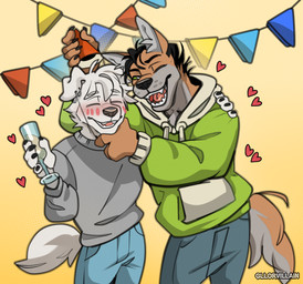 anthro birthday black_hair black_nose blush blush_lines bottomwear brown_body brown_fur champagne_glass clothing container cup drinking_glass duo ear_piercing ear_ring eyebrow_through_hair eyebrows eyes_closed fur glass glass_container glass_cup green_eyes grey_body grey_fur hair hand_on_chin hat headgear headwear hearts_around_body holding_glass holding_object hoodie humanoid_hands looking_at_another looking_at_partner male male/male one_eye_closed pants party_hat piercing pink_tongue ring_piercing smile smiling_at_another smiling_at_partner tongue topwear translucent translucent_hair white_body white_fur white_hair gllorvillain ash_(cmdshadow)