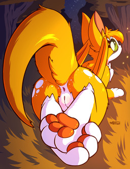 anus butt detailed_background feet female feral firelight folded_wings foot_focus genitals grass logo looking_at_viewer looking_back looking_back_at_viewer lying night on_front outside pawpads plant presenting presenting_hindquarters presenting_vulva rear_view solo tree vulva wings nulloffset dust:_an_elysian_tail fidget_(elysian_tail) bat mammal nimbat absurd_res artist_logo hi_res