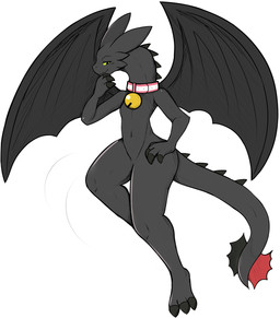 3_toes 4_fingers anthro anthrofied bell bell_collar biped black_body black_claws claws collar collar_only covering covering_mouth crossgender feet female fingers flat_chested floating green_eyes hand_on_hip long_tail membrane_(anatomy) membranous_wings mostly_nude_anthro mostly_nude_female navel no_sclera nude pink_collar simple_background snout solo spiked_tail spikes spikes_(anatomy) tail tapering_tail toes white_background wide_hips wings chabooey dreamworks european_mythology how_to_train_your_dragon mythology toothless toothless_gf_(chabooey) dragon fury_(httyd) mythological_creature mythological_scalie scalie western_dragon absurd_res digital_drawing_(artwork) digital_media_(artwork) english_description hi_res