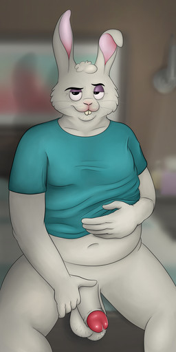 anthro bodily_fluids bottomless clothed clothing foreskin genital_fluids genitals male overweight overweight_anthro overweight_male partially_clothed penis precum retracted_foreskin slightly_chubby solo slylemur benson_(slylemur) hare lagomorph leporid mammal rabbit 1:2 absurd_res hi_res