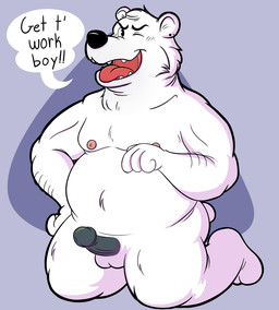 anthro balls belly black_nose erection fur genitals male moobs nipples one_eye_closed overweight overweight_anthro overweight_male penis simple_background solo text tongue tongue_out white_body white_fur wink calzone_(artist) bear mammal polar_bear ursine 2015 english_text