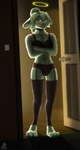 anthro clothing crossed_arms door eye_contact female green_body green_hair hair halo inside looking_at_another nervous solo standing underwear lazychee a_story_with_a_known_end lifi angel absurd_res hi_res