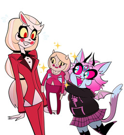 3_eyes anthro clothed clothing duo female micro_calves micro_legs micro_thighs multi_eye plushie simple_background thigh_gap thin_calves thin_legs thin_thighs white_background chandllucky hazbin_hotel hellaverse helluva_boss charlie_morningstar emberlynn_pinkle demon demon_humanoid domestic_cat felid feline felis humanoid mammal absurd_res hi_res