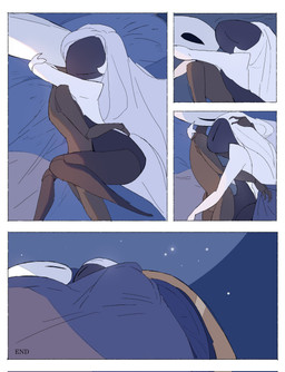 anthro bed bedroom biped black_body black_eyes blush blush_lines border bottomless bottomless_female bottomless_humanoid clothed clothing cuddling detailed_background duo empty_eyes eyes_closed female female/female female_anthro female_humanoid furniture hair hair_down holding_partner humanoid_on_anthro inside intimate long_hair looking_at_another looking_at_partner lying mouthless nude nude_anthro nude_female on_bed on_side romantic romantic_couple sleeping the_end under_covers white_body white_border white_eyes white_hair justdog hollow_knight:_silksong hollow_knight_(franchise) team_cherry hornet_(hollow_knight) lace_(hollow_knight:_silksong) arthropod humanoid 2025 comic digital_drawing_(artwork) digital_media_(artwork) hi_res