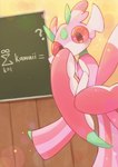 ambiguous_gender antennae_(anatomy) anthro back_wings big_eyes blush blush_lines bottomwear chalkboard clothed clothing green_body insect_wings inside looking_at_viewer math multicolored_body pants pattern_bottomwear pattern_clothing pattern_pants pincers pink_body pink_bottomwear pink_clothing pink_pants pupils question_mark red_eyes side_view solo striped_bottomwear striped_clothing striped_pants stripes text topless walking white_body wings mossero_seru nintendo pokemon arthropod generation_7_pokemon lurantis pokemon_(species) 2024 cel_shading digital_media_(artwork) hi_res portrait shaded three-quarter_portrait
