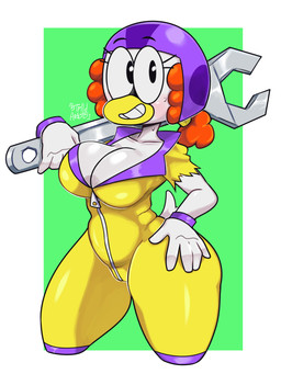 anthro beak big_breasts black_eyes blush bodily_fluids bodysuit border breasts cleavage clothed clothing eyelashes feathers female green_background hair hand_on_hip headgear headwear holding_object holding_tool holding_wrench looking_at_viewer non-mammal_breasts orange_hair purple_clothing purple_headwear simple_background skinsuit smile solo sweat thick_thighs tight_clothing tools white_body white_border white_feathers wide_hips wrench yellow_bodysuit yellow_clothing yellow_skinsuit zipper 5tflldartist5 breadwinners nickelodeon ketta anatid anseriform avian bird duck 3:4 hi_res