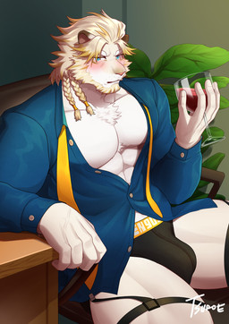abs anthro briefs bulge clothed clothing collared_shirt container cup dress_shirt drinking_glass fur garter_straps glass glass_container glass_cup holding_object male muscular muscular_anthro muscular_male partially_clothed pecs shirt solo topwear underwear white_body white_fur wine_glass chuurow lifewonders live_a_hero astosis felid lion mammal pantherine absurd_res hi_res