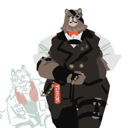 alternate_costume anthro bow_tie brown_body brown_fur butler chibi clothing clothing_swap duo eye_patch eyewear fingerless_gloves fur gloves handwear male overweight suit topwear vest burrrnt mihoyo zenless_zone_zero ben_bigger von_lycaon bear canid canine canis mammal wolf 1:1 hi_res