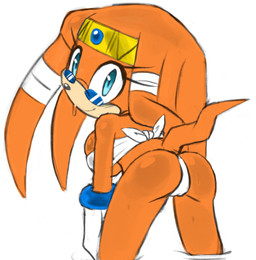 blue_eyes bodily_fluids butt eyewear female fur glasses looking_back orange_body orange_fur solo sweat tail icydirtball sega sonic_adventure sonic_the_hedgehog_(series) tikal_the_echidna echidna mammal monotreme colored hi_res