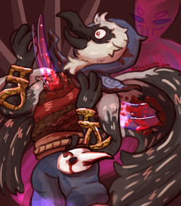 anthro beak black_body black_feathers blood bodily_fluids bottomwear clothed clothing death duo feathers gore killing male mask open_beak open_mouth pants red_eyes shocked solo_focus stab white_body white_feathers capegloam aarakocra_(dnd) avian bird humanoid loggerhead_shrike shrike 2022 clip_studio_paint_(artwork) digital_drawing_(artwork) digital_media_(artwork) hi_res shaded