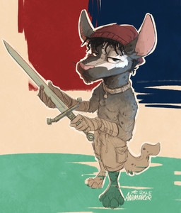 anthro beanie black_body black_fur bottomwear clothing collar digitigrade fur handwear hat headgear headwear looking_at_viewer male melee_weapon shorts simple_background solo spots standing sword tail weapon white_body white_fur animancer pleco canid canine fox hybrid mammal 2025 hi_res
