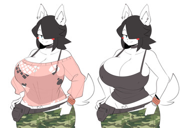 anthro big_breasts black_hair blue_eyes blush blush_stickers bottomwear breasts camo camo_bottomwear camo_clothing camo_pants camo_print cleavage clothed clothing ear_piercing female hair hair_over_eye huge_breasts inner_ear_fluff looking_at_viewer nipple_outline one_eye_obstructed pants pattern_bottomwear pattern_clothing pattern_pants piercing shirt short_hair simple_background smile solo sweater tank_top topwear tuft white_background theycallhimcake maggie_applebee canid canine canis domestic_dog mammal 2020 hi_res