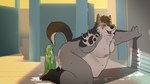 after_masturbation anthro bathroom belly big_belly blush bodily_fluids cum detailed_background dildo genital_fluids grey_body kemono male moobs nipples obese overweight overweight_male sex_toy solo qqmelon888 canid canine canis domestic_dog mammal 2024