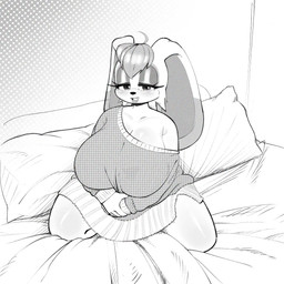 anthro bed bedding bedroom big_breasts big_ears black_nose bottomwear breasts cleavage clothed clothing eyelashes female floppy_ears fully_clothed furniture hair huge_breasts inside kneeling long_ears looking_at_viewer mature_female narrowed_eyes open_mouth open_smile pillow short_hair skirt smile solo sweater teeth topwear grimy291 sega sonic_the_hedgehog_(series) vanilla_the_rabbit domestic_rabbit lagomorph leporid mammal oryctolagus rabbit 1:1 2026 hi_res monochrome