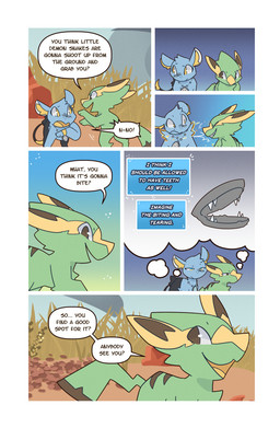 ambiguous_gender black_body black_fur blue_body blue_fur brown_eyes chest_tuft cloud day dialogue duo fangs feral fur grass green_body green_fur head_tuft inner_ear_fluff jewelry looking_at_another necklace open_mouth open_smile outside plant quadruped rock sky smile sparking speech_bubble tail tail_tuft talking_to_another teeth text thought_bubble tuft yellow_body yellow_eyes yellow_fur wooled nintendo pokemon pokemon_mystery_dungeon spike_chunsoft malachi_(wooled) sable_(wooled) electrike generation_3_pokemon generation_4_pokemon pokemon_(species) shinx comic english_text hi_res