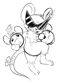 ambiguous_gender anthro bomb clipped_ear explosives eyewear holding_explosives holding_object holding_ranged_weapon holding_weapon looking_at_viewer male male_anthro missing_tooth pose ranged_weapon smile solo sunglasses tail tail_wraps teeth_showing weapon wearing_sunglasses wraps soothing_fanta mewgenics radical_rat_(mewgenics) rat_bomb_(mewgenics) bomb_head mammal murid murine rat rodent digital_media_(artwork) line_art monochrome