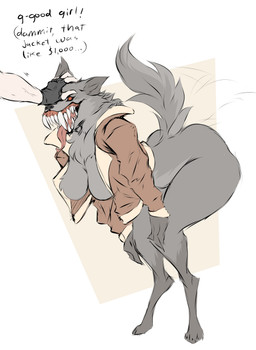 anthro bent_over bottomless bottomless_anthro bottomless_female breasts butt cheek_tuft chest_tuft clothed clothing dialogue digitigrade duo facial_tuft fangs female fingerless_gloves fluffy fluffy_tail fur gloves grey_body grey_fur handwear headpat infected jacket jacket_only motion_lines neck_tuft offscreen_character open_clothing open_jacket open_mouth open_smile open_topwear petting red_sclera sharp_teeth simple_background smile solo_focus tail tail_motion tailwag teeth text tongue tongue_out topwear topwear_only tuft white_background wide_eyed dullvivid capcom resident_evil canid canine canis colmillos_(resident_evil) mammal wolf english_text hi_res