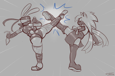 accessory anthro armwear big_breasts big_butt boots bottomwear breasts butt clashing clothing duo feet female fight fishnet_clothing fishnet_gloves fishnet_handwear foot_wraps footwear furgonomic_bottomwear furgonomics gloves handwear headband high_kick holding_object holding_weapon impact_lines kick knee_boots knee_highs kunai leg_wraps legwear mask medium_breasts ninja shoes short_tail side_kick tail thick_thighs warrior weapon wide_hips wraps felino shinobunny_(felino) tang_(lettuce) lagomorph leporid mammal rabbit 2026 greyscale hi_res monochrome sketch spot_color