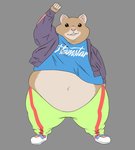 anthro belly biped bottomwear brown_body brown_fur clothing fur humanoid_hands obese obese_anthro overweight overweight_anthro pants shirt simple_background solo topwear thedandyduke kia_hamsters cricetid hamster mammal rodent 2021 hi_res