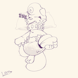 3_fingers 3_toes ambiguous_gender anthro beaver_tail bedwetting bodily_fluids clothed clothing collar curled_fur diaper drooling eyelashes eyes_closed fangs feet fingers foot_grab fur genital_fluids gloves_(marking) heart_symbol high-angle_view lying markings on_back on_pillow open_mouth open_smile pillow raised_leg saliva simple_background sleeping smile solo sound_effects tail teeth toes unclean_diaper urine used_diaper using_diaper vowelless vowelless_sound_effect wearing_diaper wet_diaper wetting wetting_diaper whiskers zzz typhy nintendo pokemon lem_(typhy) dewott generation_5_pokemon pokemon_(species) 2021 full-length_portrait hi_res monochrome portrait sepia signature sketch