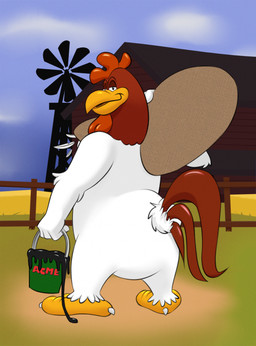 anthro bag barn beak big_butt bucket butt container feathers fence looking_at_viewer looking_back looking_back_at_viewer male monobutt rear_view red_body red_feathers smile solo tail tail_feathers tar toony white_body white_feathers windmill badnewzbutterskotch acme looney_tunes warner_brothers foghorn_leghorn avian bird chicken galliform phasianid hi_res