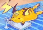 ambiguous_gender blush bodily_fluids duo eyes_closed fan_(object) female feral lying lying_on_another on_front on_pillow orange_body pawpads paws pillow size_difference sweat tail yellow_body dietranch nintendo pokemon arachnid arthropod generation_1_pokemon generation_5_pokemon joltik pokemon_(species) raichu 2024 hi_res signature