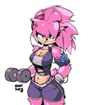 accessory anthro athletic athletic_anthro athletic_female athletic_wear audio_cassette breasts clothing electronics female gloves green_eyes hair hair_accessory hairband handwear headphones navel pink_body pink_hair solo weights awr_hey classic_sonic_(universe) sega sonic_the_hedgehog_(series) walkman amy_rose classic_amy_rose eulipotyphlan hedgehog mammal 2021 digital_media_(artwork) hi_res