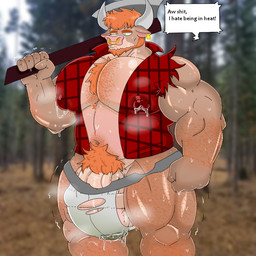 anthro axe beard big_bulge big_muscles big_pecs bodily_fluids body_hair bulge chest_hair clothed clothing dialogue ear_piercing facial_hair facial_piercing genital_fluids hair horn huge_pecs in_heat lumberjack male melee_weapon muscular muscular_anthro muscular_male navel nipple_outline nose_piercing nose_ring open_clothing open_shirt open_topwear pecs piercing precum precum_through_clothing precum_through_underwear profanity pubes ring_piercing shirt solo standing sweat text topwear torn_clothing torn_underwear underwear weapon wet wet_clothing local_candybot cal_(candybot) bovid bovine cattle mammal 1:1 2020 english_text