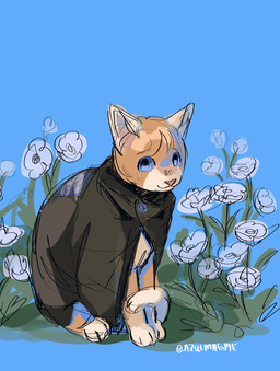 ambiguous_gender blue_background blue_eyes cloak clothing feral feralized flower fur grass green_cloak green_clothing plant scout_regiment_(aot) simple_background solo yellow_body yellow_fur azulmagpie attack_on_titan armin_arlert domestic_cat felid feline felis mammal hi_res
