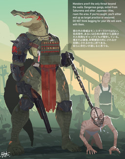 all_fours anthro anthro_dominating_human biped breasts chain clothed clothed_anthro clothed_female clothed_human clothed_male clothing cloud day dominant dominant_anthro dominant_female female fingers front_view gloves green_body group gun handwear holding_gun holding_object holding_ranged_weapon holding_weapon human_on_anthro interspecies leash leash_pull male muzzle_(object) muzzled open_mouth outside ranged_weapon scar sky standing submissive submissive_human submissive_male teeth text weapon el-k crocodile crocodilian human mammal reptile scalie 2025 digital_drawing_(artwork) digital_media_(artwork) english_text hi_res