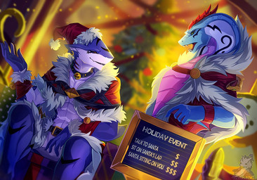 5_fingers annoyed anthro bell blue_body blue_scales blue_skin choker christmas_clothing christmas_headwear christmas_tree cloak clothing detailed_background duo ear_piercing ear_ring fin fingers gift gills green_eyes hat headgear headwear holidays horn jewelry jingle_bell male markings muscular necklace open_mouth piercing plant pointy_ears purple_body purple_scales red_cloak red_clothing red_horn ring_piercing santa_hat scales sitting slim smug_grin text tree white_body white_skin yellow_eyes zeitzbach christmas voeaillo_sharkel_(zeitzbach) aquatic cobra fish reptile scalie shark snake 2023 dialogue_in_description english_text signature
