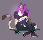 anthro big_breasts bottomwear breasts brown_body brown_fur clothed clothing female fur hair huge_breasts humanoid_face purple_hair shirt simple_background skateboard solo tail tan_body tan_fur topwear under_boob vehicle spearfrost joan_(killedbycuriosity) domestic_cat felid feline felis mammal absurd_res hi_res