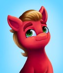 blue_background eyebrows feral green_eyes male mane red_body simple_background smile solo thick_eyebrows malarkey_(artist) hasbro mlp_g5 my_little_pony sprout_cloverleaf_(mlp) earth_pony equid equine horse mammal pony bust_portrait digital_media_(artwork) portrait