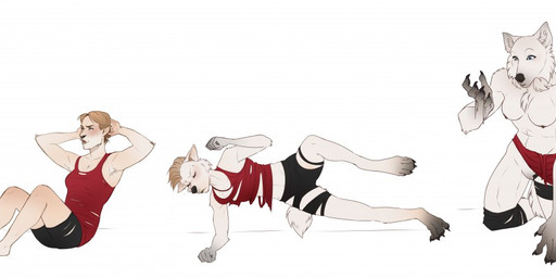 anthro barely_visible_genitalia barely_visible_vulva base_one_layout basic_sequence black_nose bottomwear breasts chest_tuft claws clothed clothing exercise female four_frame_image four_frame_sequence fully_clothed fur genitals linear_sequence muscular muscular_female nipples one_row_layout shirt shorts solo species_transformation surprised tank_top topwear torn_clothing transformation transformation_sequence tuft vulva wardrobe_malfunction white_body white_fur dicksndemons mythology canid canine canis human mammal mythological_canine mythological_creature werecanid werecanine werecreature werewolf wolf sequence