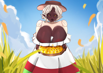anthro areola areola_slip big_breasts black_breasts black_lips breasts clothing cloud doll doll_joints female field food grass_field hair hat headgear headwear huge_breasts hyper hyper_breasts leaning_towards_viewer lips looking_at_viewer looking_down looking_down_at_viewer manabita_(folklore) napkin object_between_breasts offering_food pastry pie short_hair silverware sky solo tall_female white_hair yellow_eyes hikariero ali_sharp animate_inanimate bovid caprine living_doll mammal sheep absurd_res hi_res
