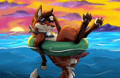 anatomically_correct anatomically_correct_genitalia anatomically_correct_penis animal_genitalia animal_penis anus balls bedroom_eyes canine_genitalia canine_penis eyewear eyewear_on_head feral fur genitals inflatable inner_tube kerchief knot male narrowed_eyes orange_body orange_fur pawpads penis pose purple_eyes seductive solo sun sunglasses sunglasses_on_head sunset tail tail_anus water muskydusky canid canine fox mammal hi_res pinup