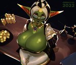 areola areola_slip big_breasts breasts cleavage clothed clothing coin eyewear female gem glasses gold_(metal) gold_coin green_body high-angle_view huge_breasts humanoid_pointy_ears jewelry mature_female necklace not_furry pointy_ears sitting skimpy_dress solo thick_thighs wide_hips gobbocks giovina_(onikumomaru) goblin humanoid hi_res